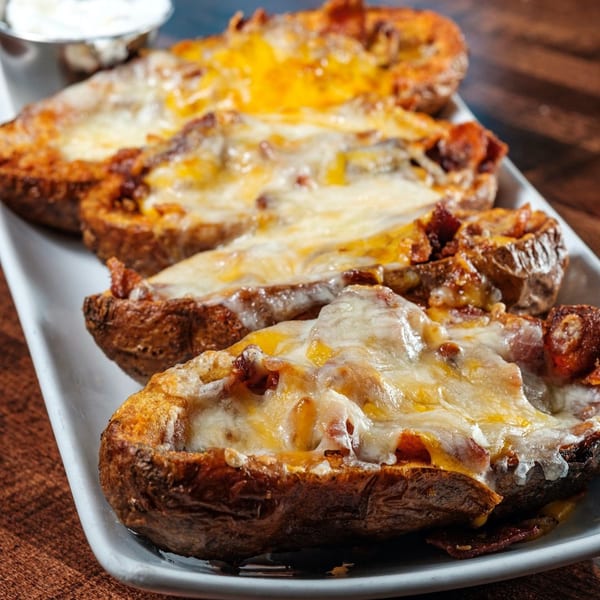 Four loaded potato skins with melted cheese and bacon, served with a side of sour cream.